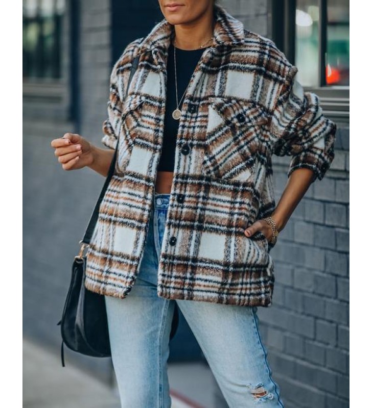 Woodwork Pocketed Sherpa Lined Plaid Shacket